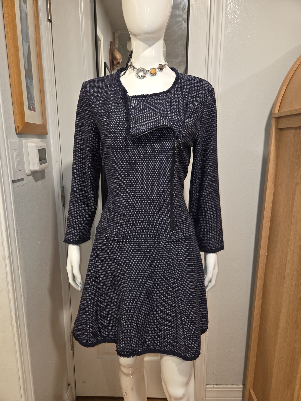 BCBGMaxAzria Elegant Navy Textured Knit A-Line Dress Sz L